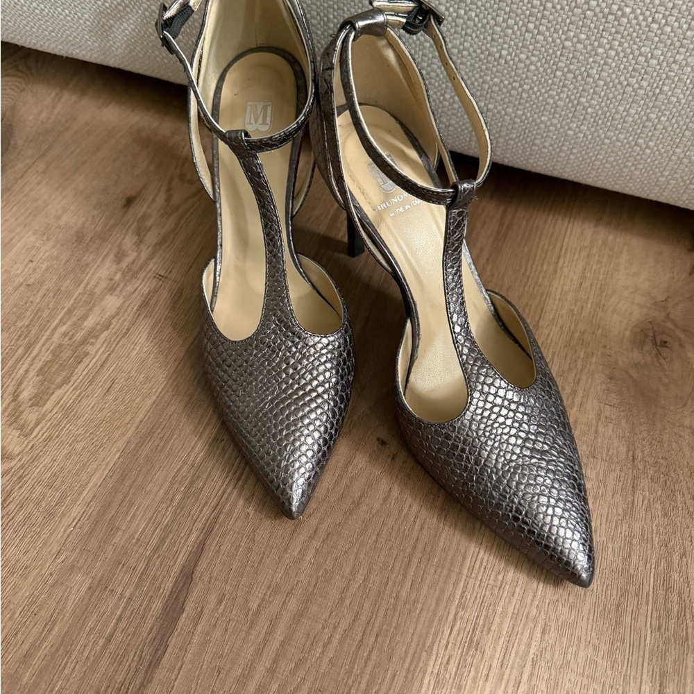 Bruno Magli Metallic Silver T-Strap Heels